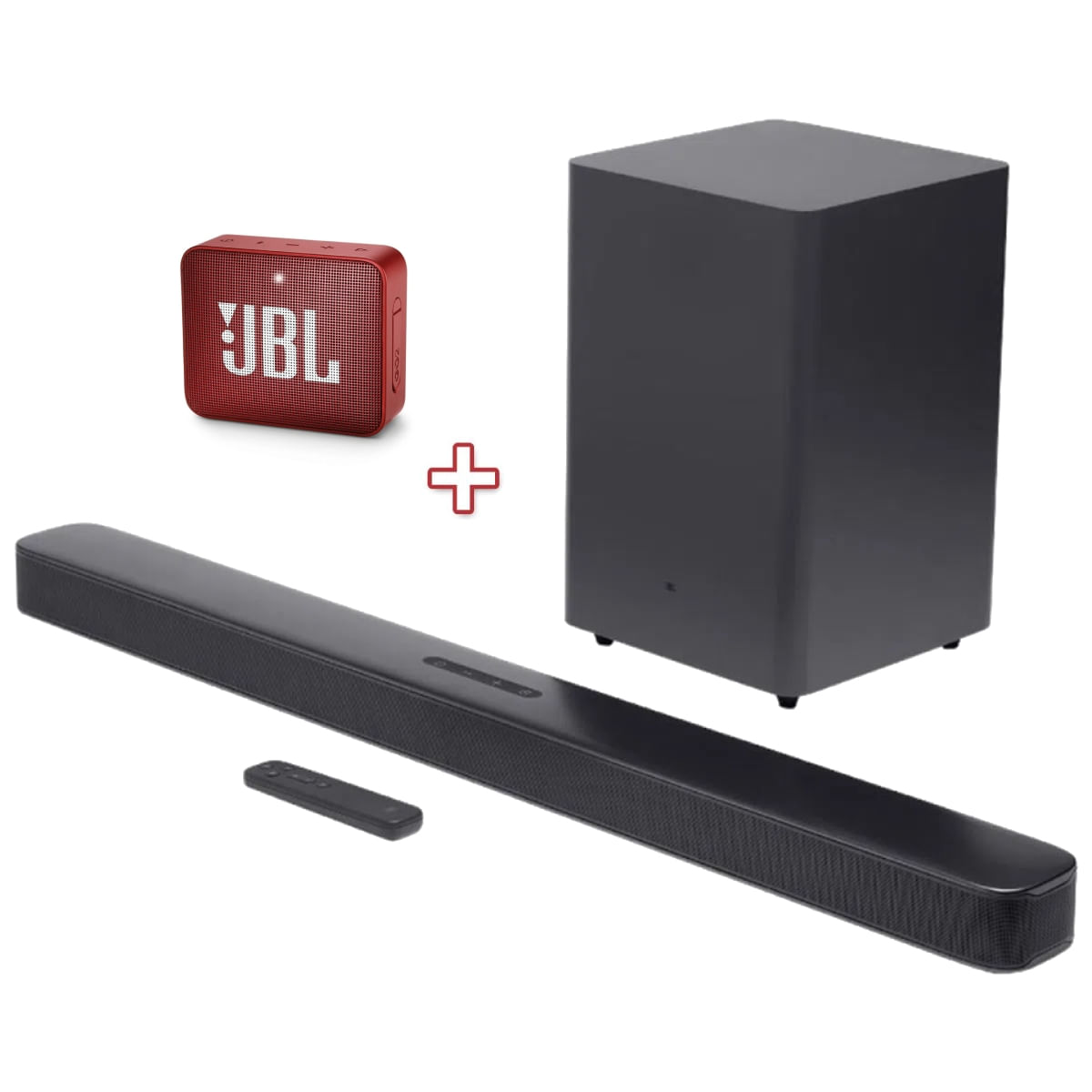 Kit-Caixa-JBL-GO-2-Red---JBL-Bar-2.1-Deep-Bass